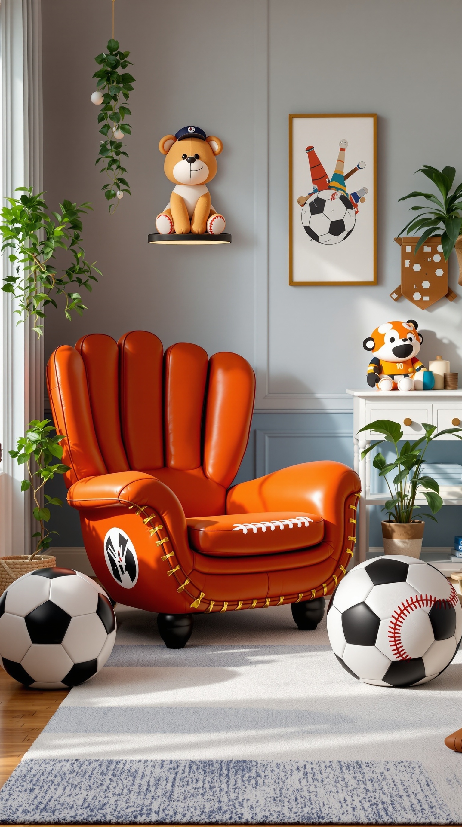 A vibrant orange chair shaped like a baseball glove in a kids' sports-themed bedroom, surrounded by sports balls and playful decor.