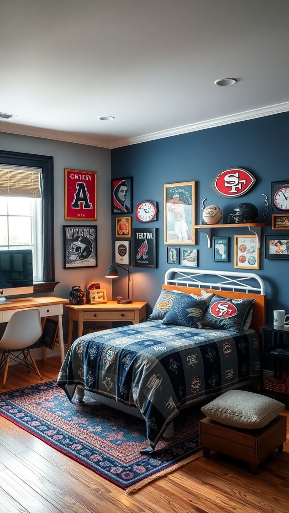 A teen bedroom decorated with sports memorabilia, featuring a bed with team colors, framed jerseys on the wall, and a study area.