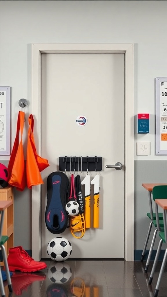 Classroom door decorated with sports gear including jerseys, soccer balls, and shoes.