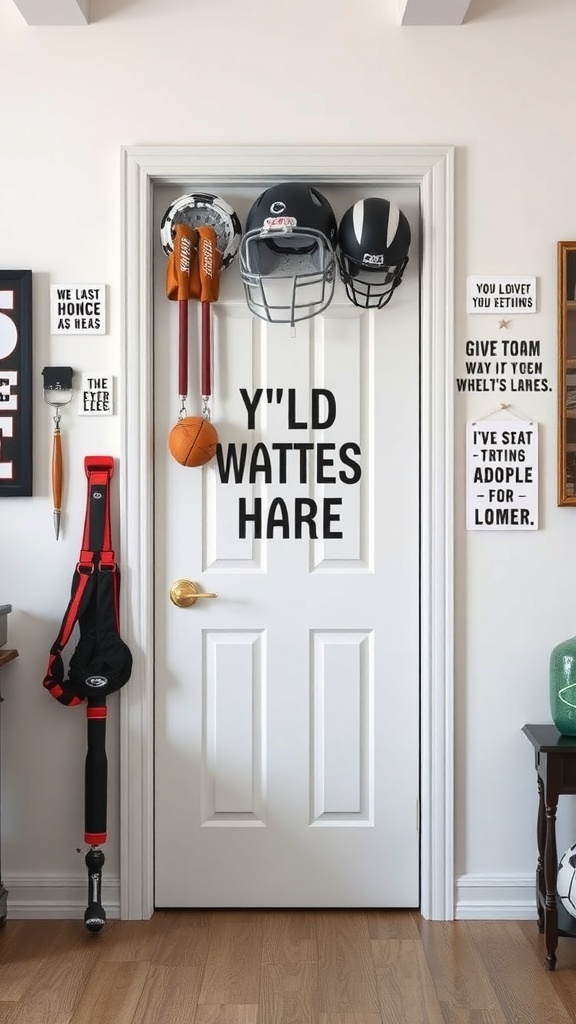 A decorated door with sports gear and playful phrases, showcasing a Sports Fan Zone theme.