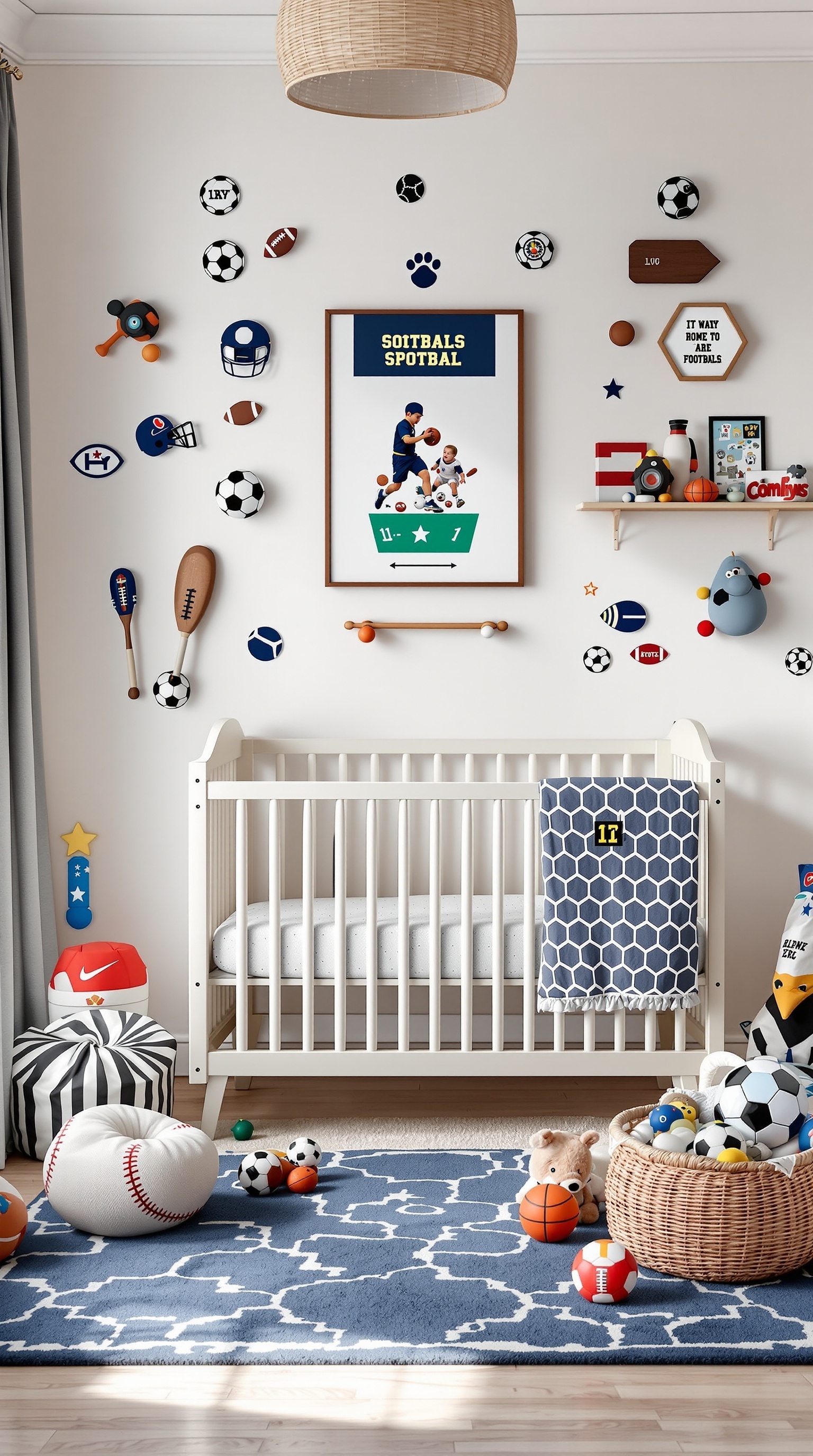 A baby boy's room with sports-themed decor, featuring a crib, colorful wall decorations of various sports balls, and a playful rug.