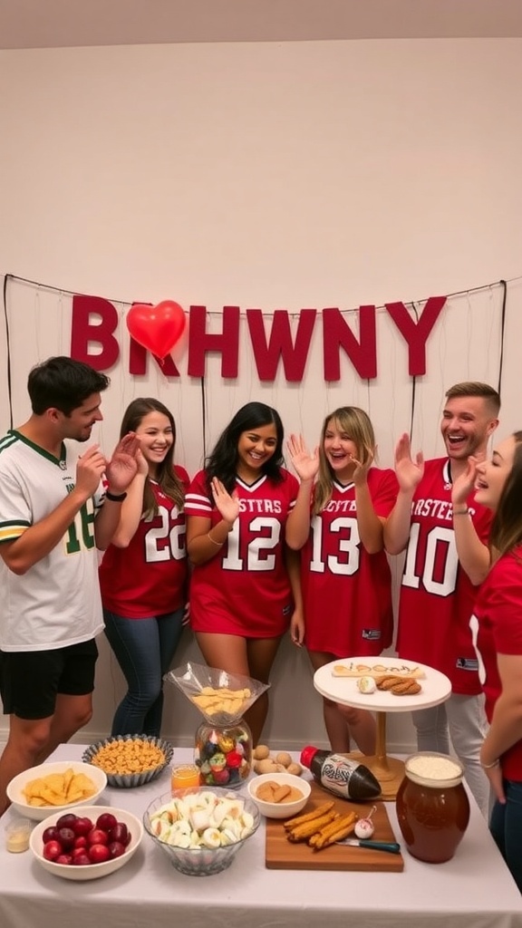 Group of friends celebrating a bridal shower in sports team jerseys with a vibrant food spread and festive decor.