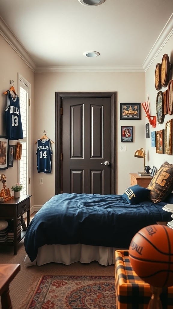 Cozy boy's bedroom decorated with sports memorabilia including basketball jerseys and a basketball.