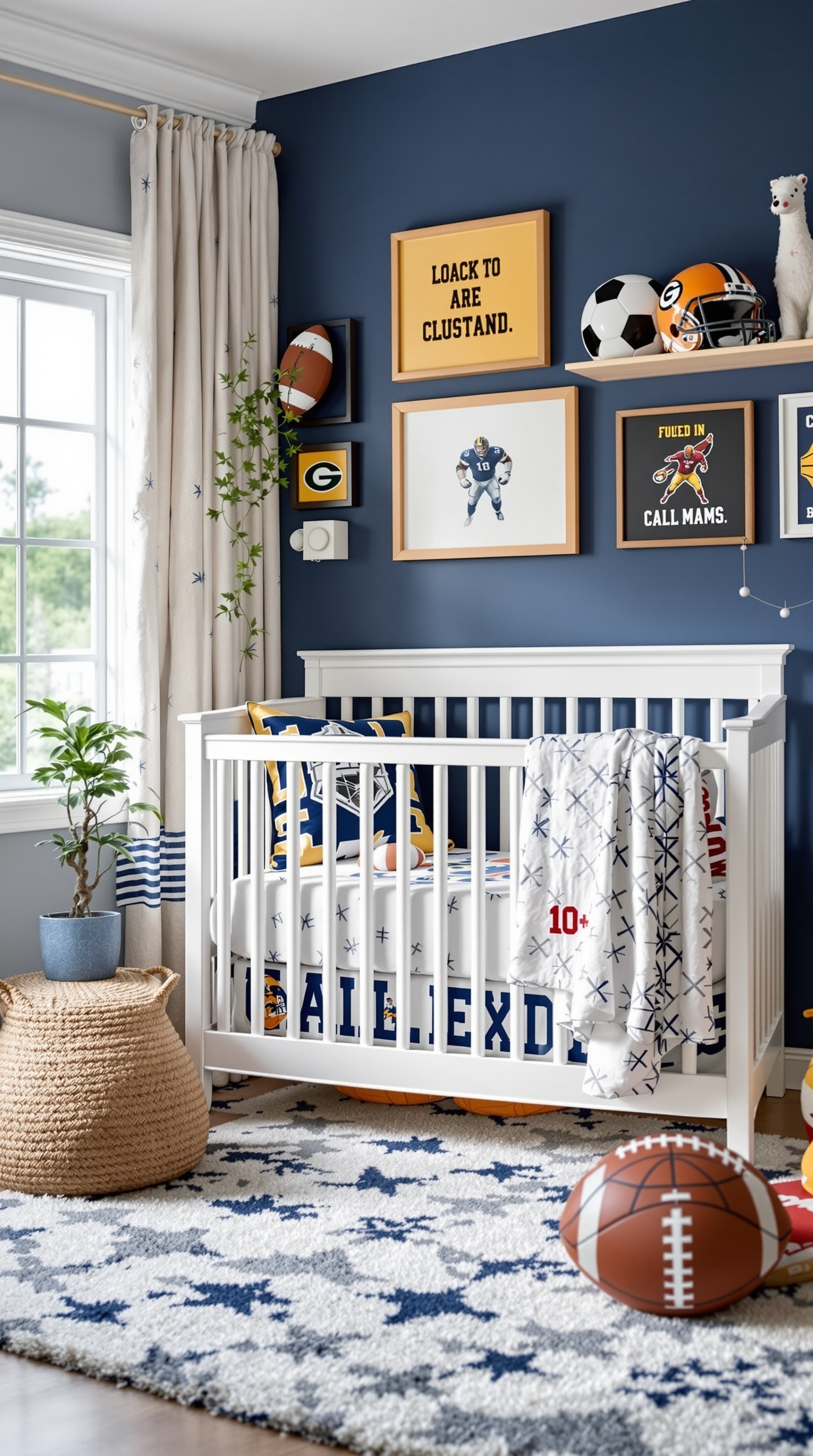 A nursery designed for a sports fan, featuring a white crib, blue walls, sports-themed decor, and a cozy rug.
