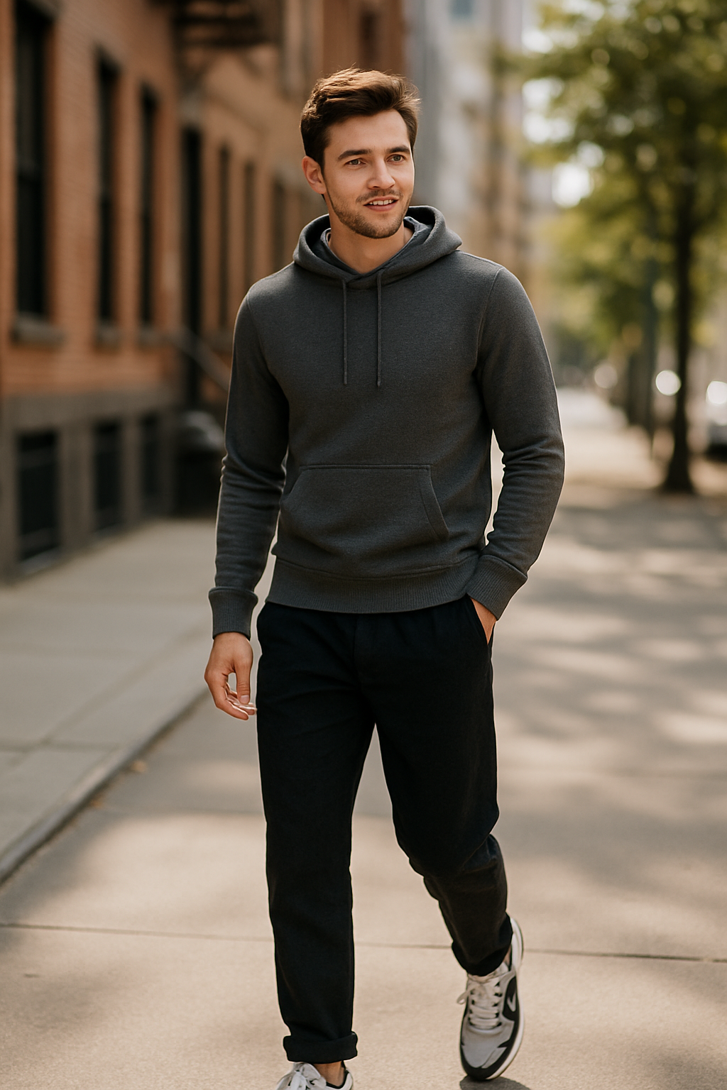 A young man walking in a city wearing a gray hoodie and black linen pants, exuding a sporty and casual vibe.