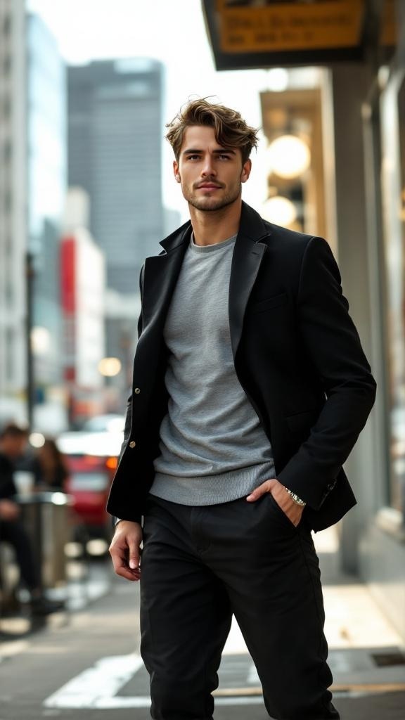 A man wearing a sporty blazer with a gray sweater and sneakers, standing confidently on a city street.