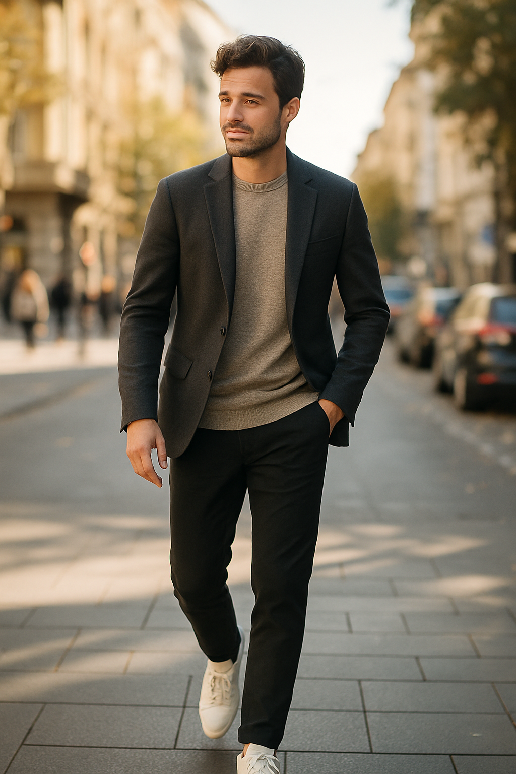 A man walking confidently in a sporty blazer, gray sweater, and white sneakers on a city street.