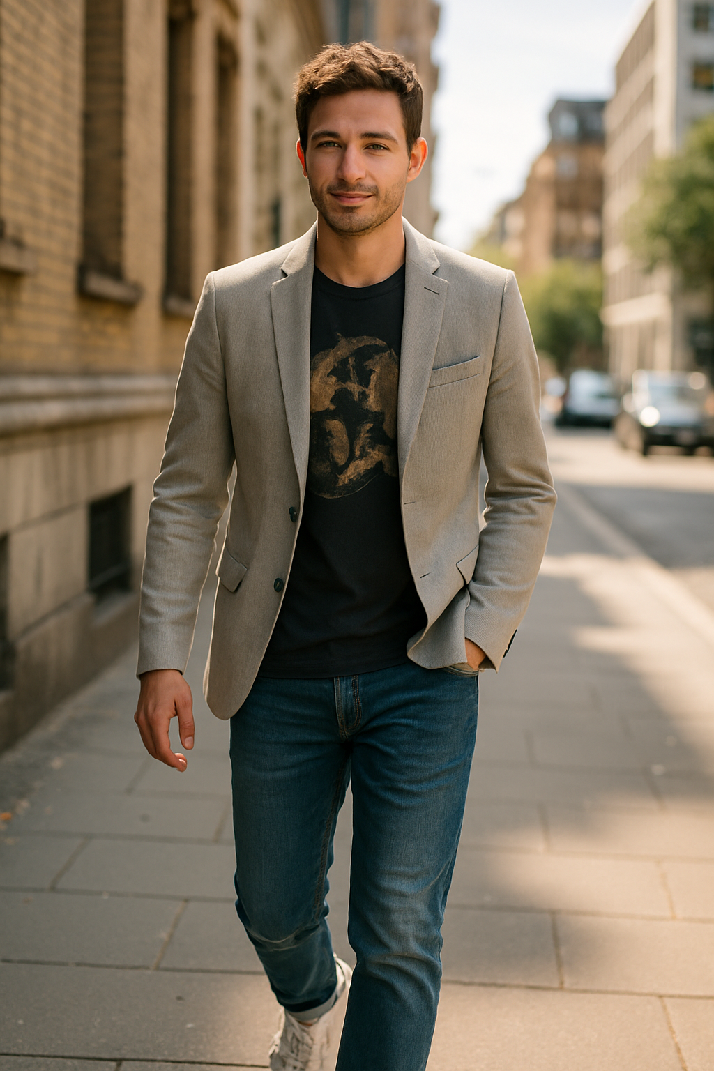 A man walking in a light grey blazer over a graphic t-shirt, paired with jeans.
