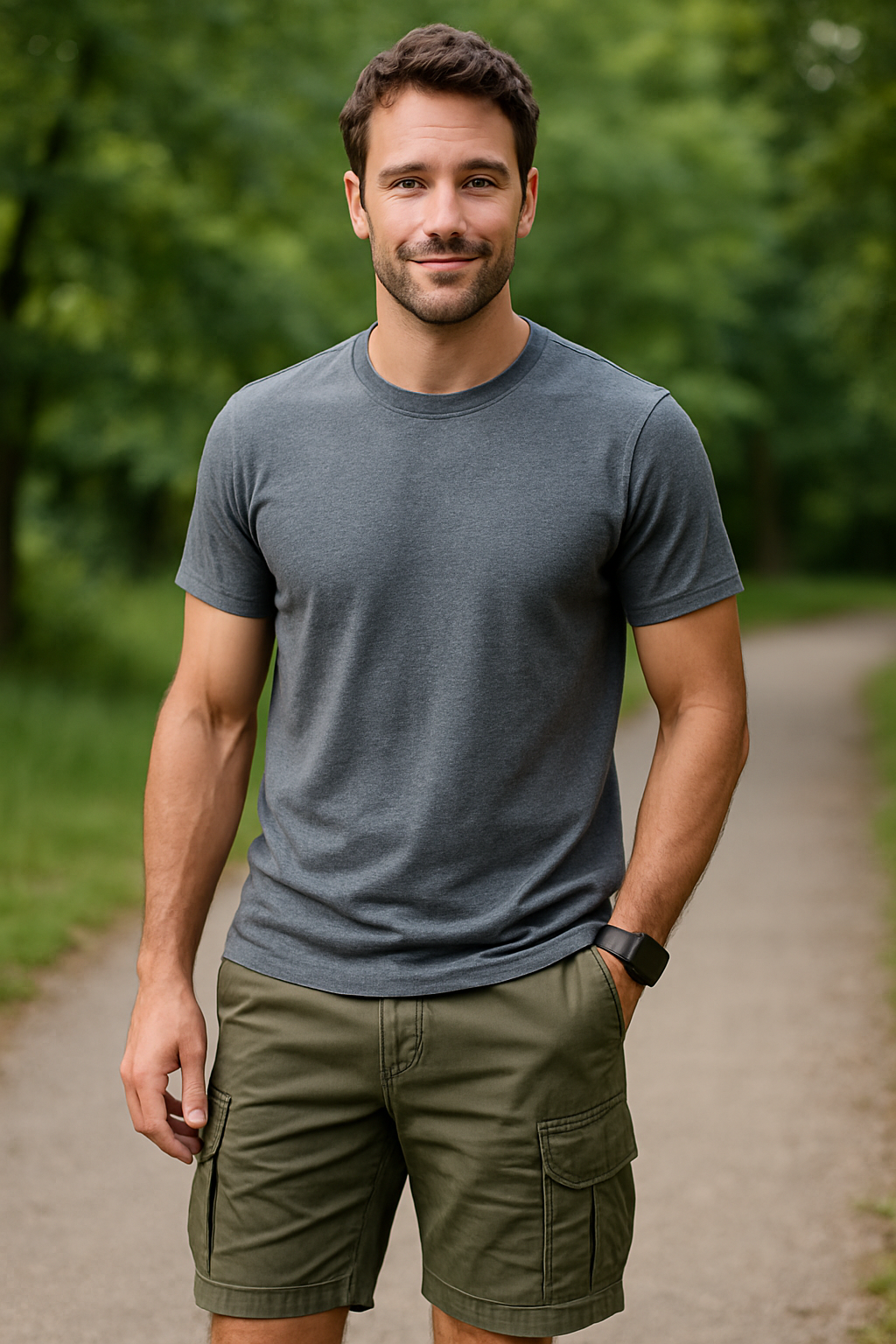 A man walking in a sporty casual outfit featuring cargo shorts, a blazer, and a tee.