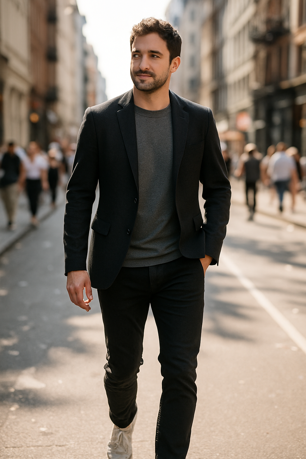 A man walking in a sporty charcoal blazer, gray t-shirt, and sneakers on a city street.