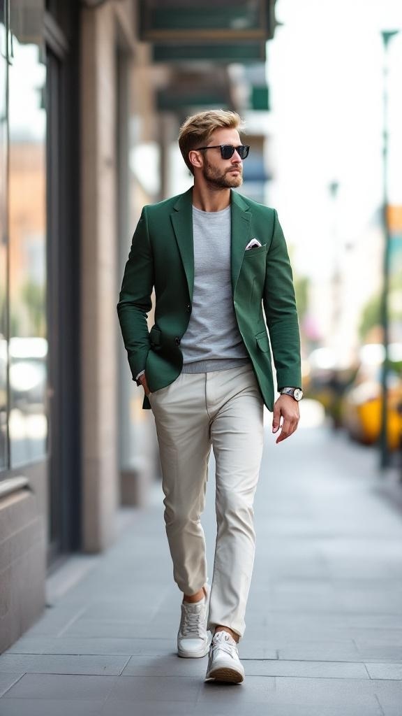 A man wearing a green blazer, gray t-shirt, light pants, and white sneakers walking on the street.