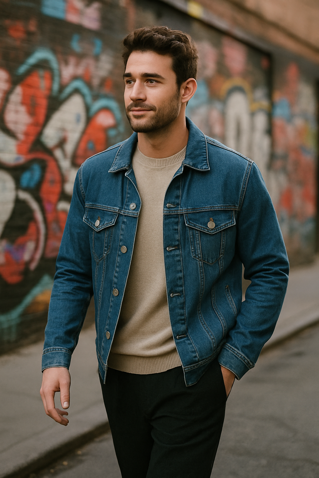 A man wearing a denim jacket with black linen pants, walking in an urban area.