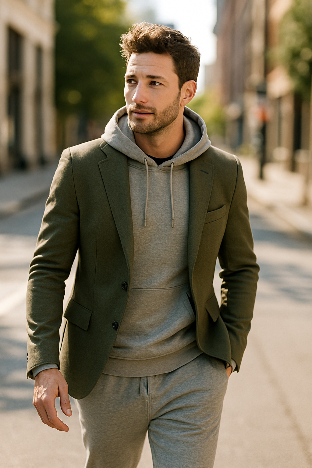 Man wearing an olive blazer over a gray hoodie and joggers, walking on a city street.