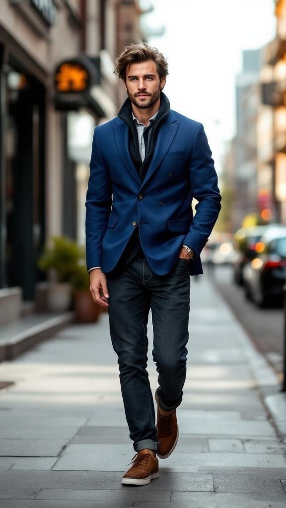 A man wearing a blue blazer, dark jeans, and sneakers walking down a city street.