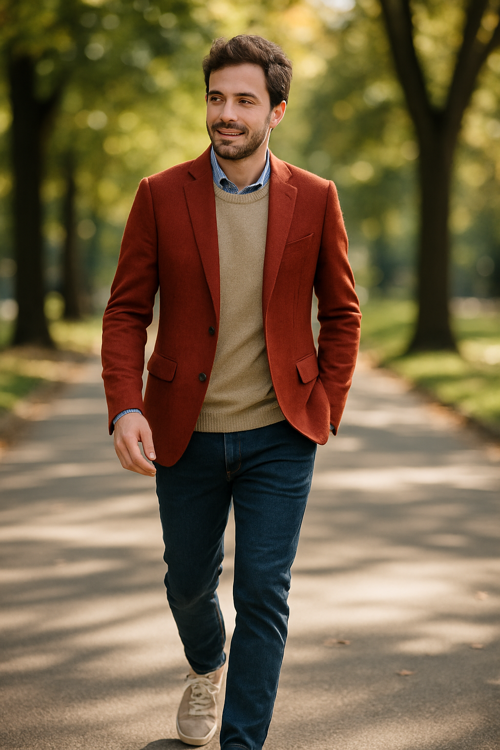 A man wearing a red blazer, beige sweater, and sneakers, walking in a park.