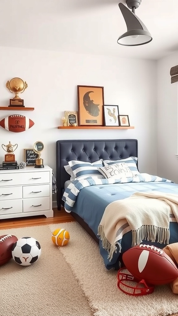A sporty teen bedroom featuring a blue bedspread, striped pillows, sports trophies on shelves, and various sports balls on the floor.