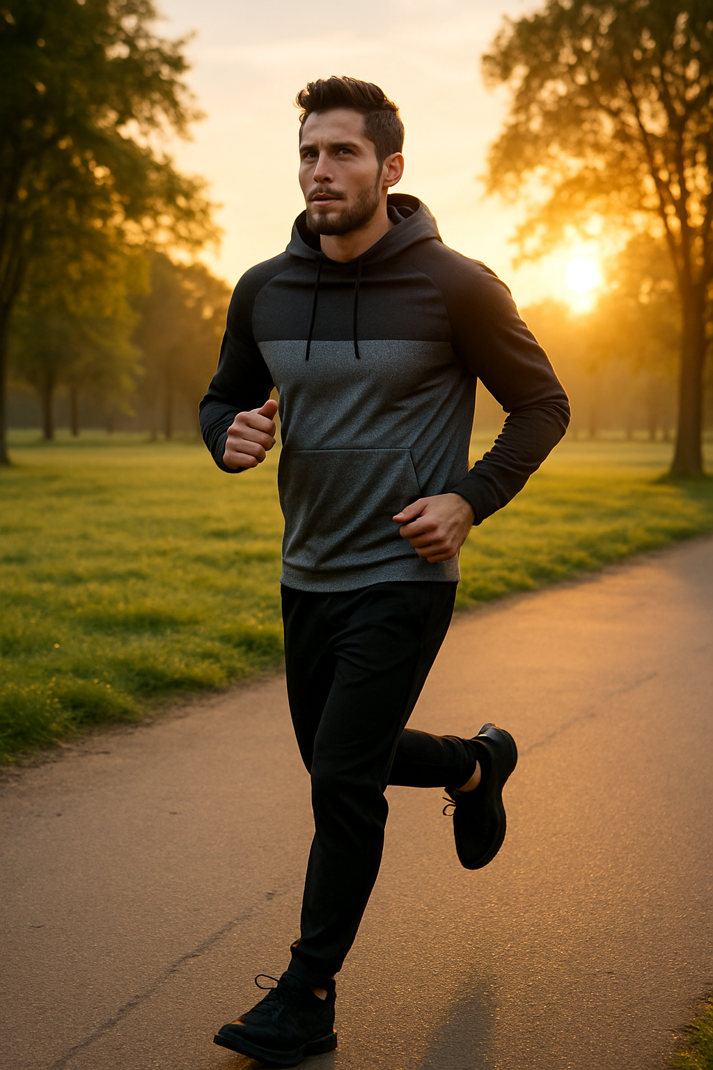 A man walking outdoors in a sporty outfit featuring black athletic shoes, a jacket, and a sweater.
