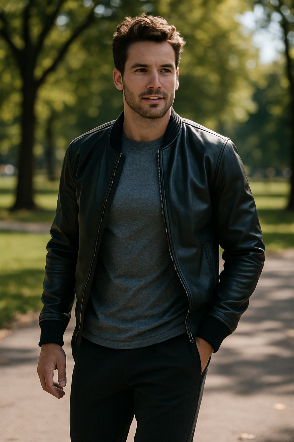 A man wearing a black leather jacket, gray t-shirt, and dark joggers, walking in a park.