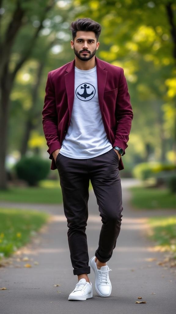 A man wearing a maroon blazer, white t-shirt, dark pants, and white sneakers walking in a park.