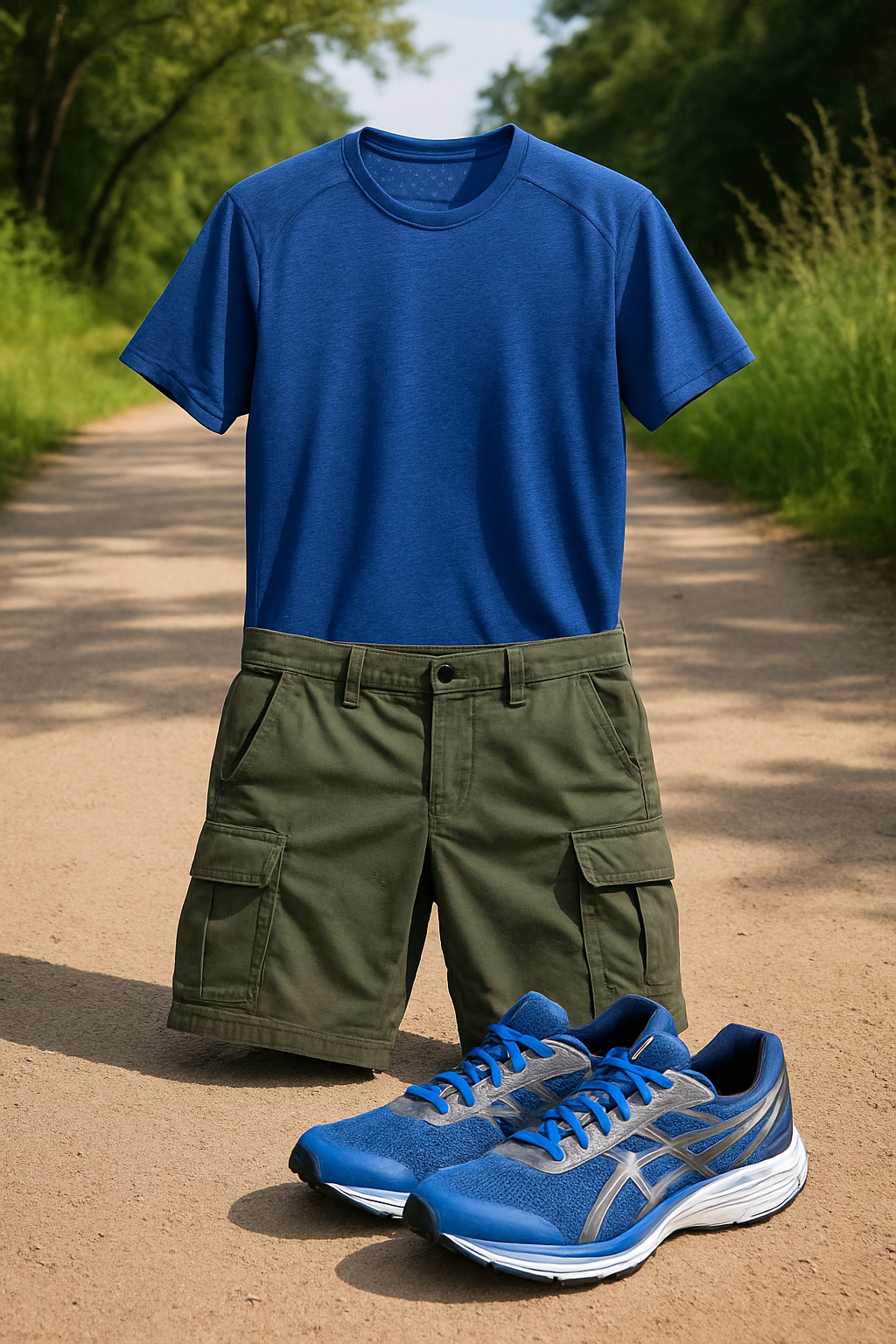 A sporty outfit featuring cargo shorts, a casual tee, and sneakers.