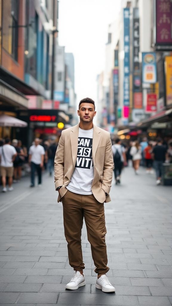 A man wearing a beige blazer, graphic tee, and sneakers stands confidently in a busy street.