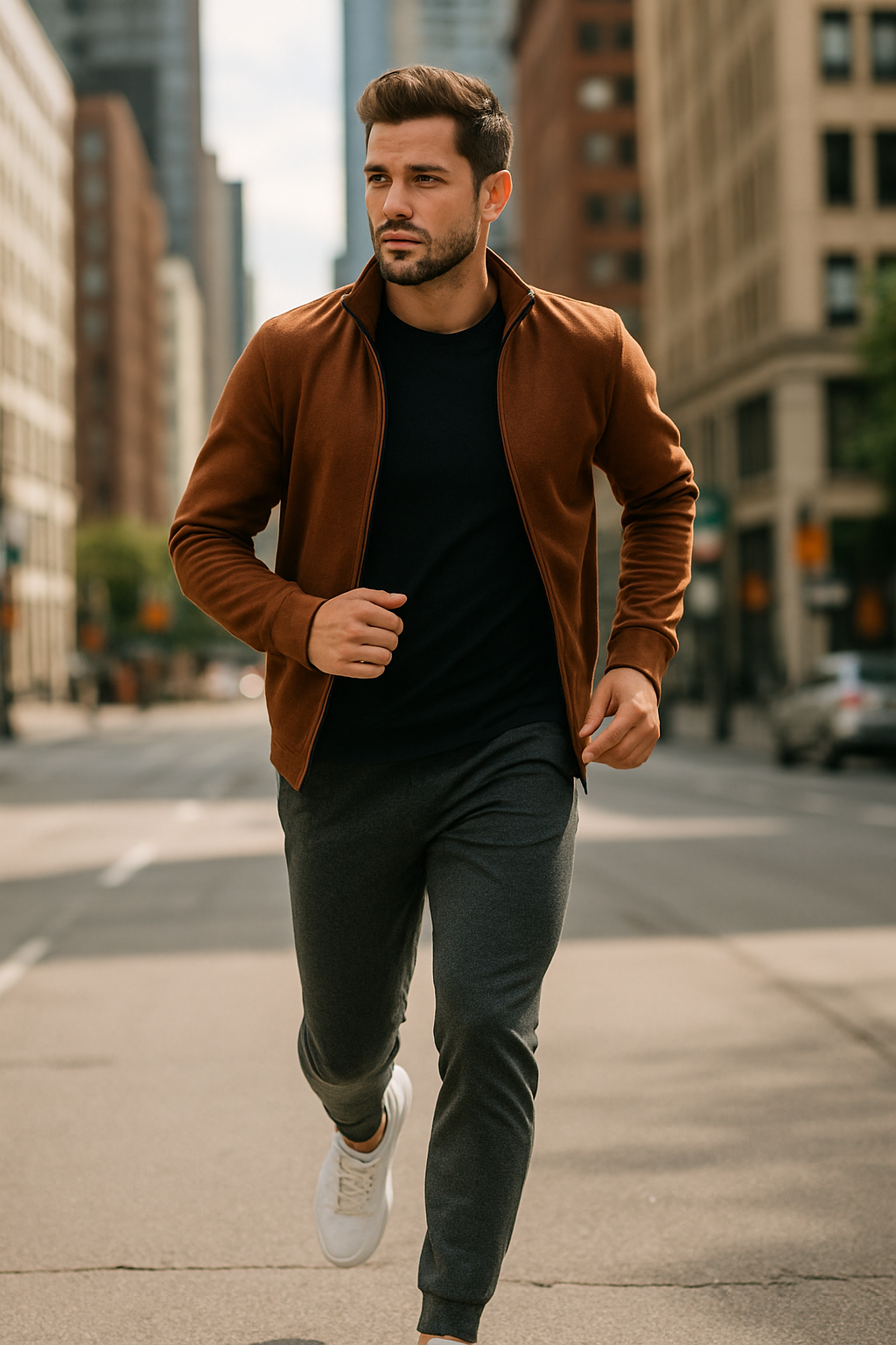 A man running in a city wearing a brown jacket, black t-shirt, gray joggers, and white sneakers.