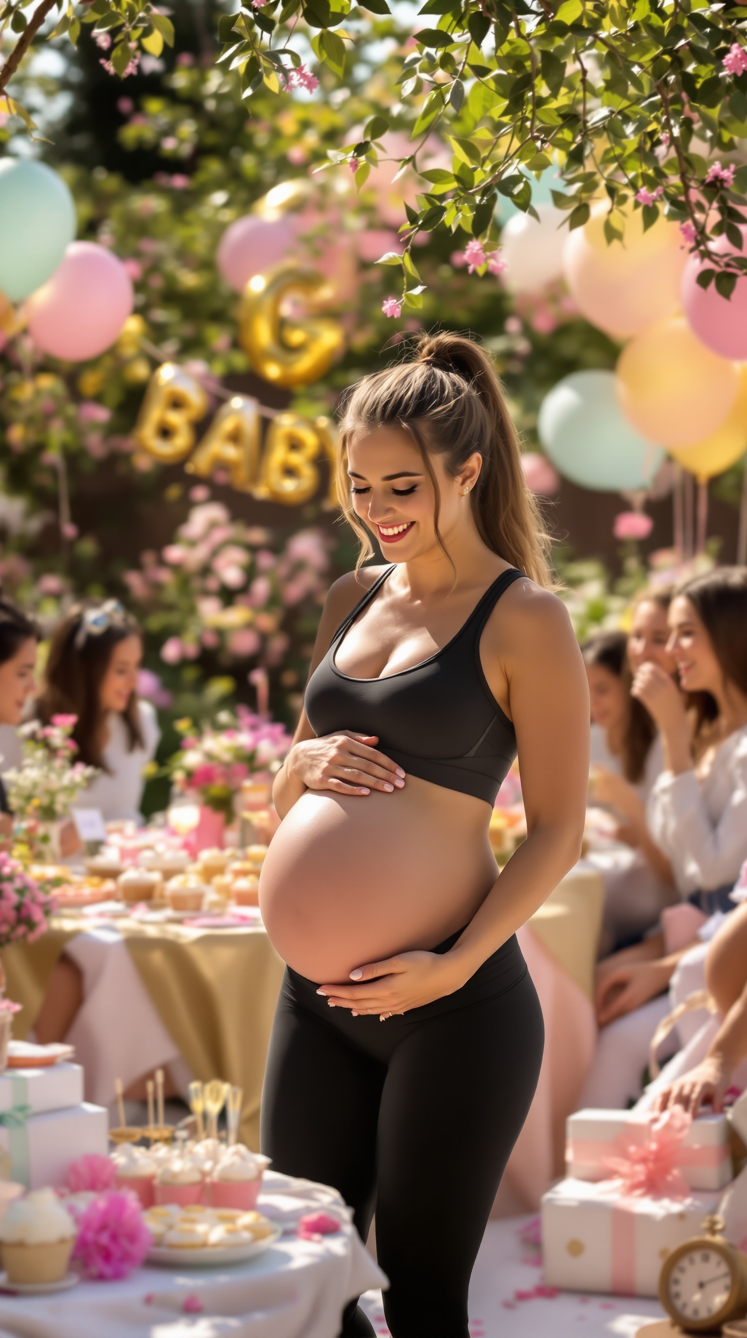 A pregnant woman in a black sports outfit smiling at her gender reveal party surrounded by friends.