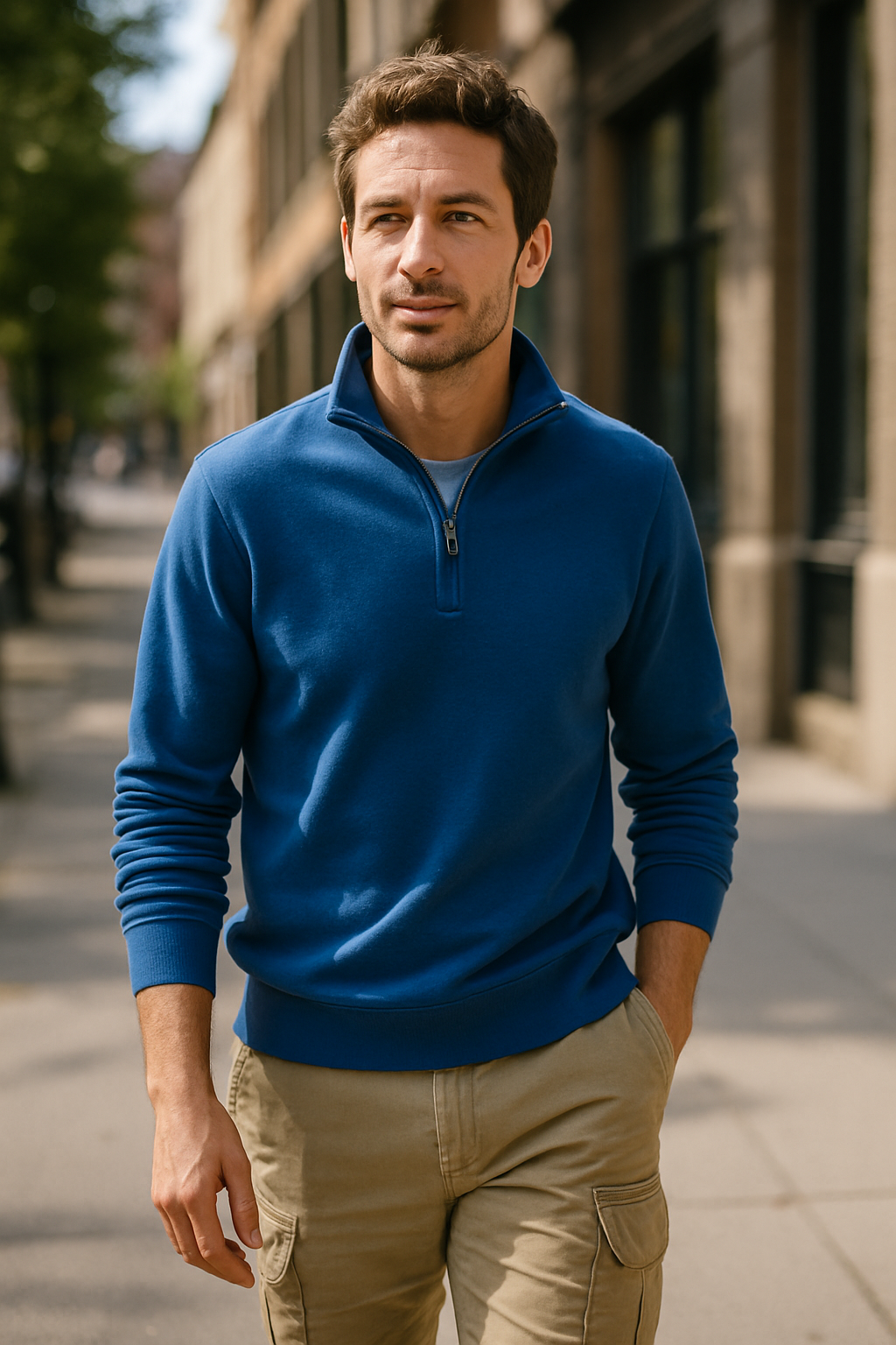 A man wearing a blue quarter zip sweater and khaki pants walking on a city street.
