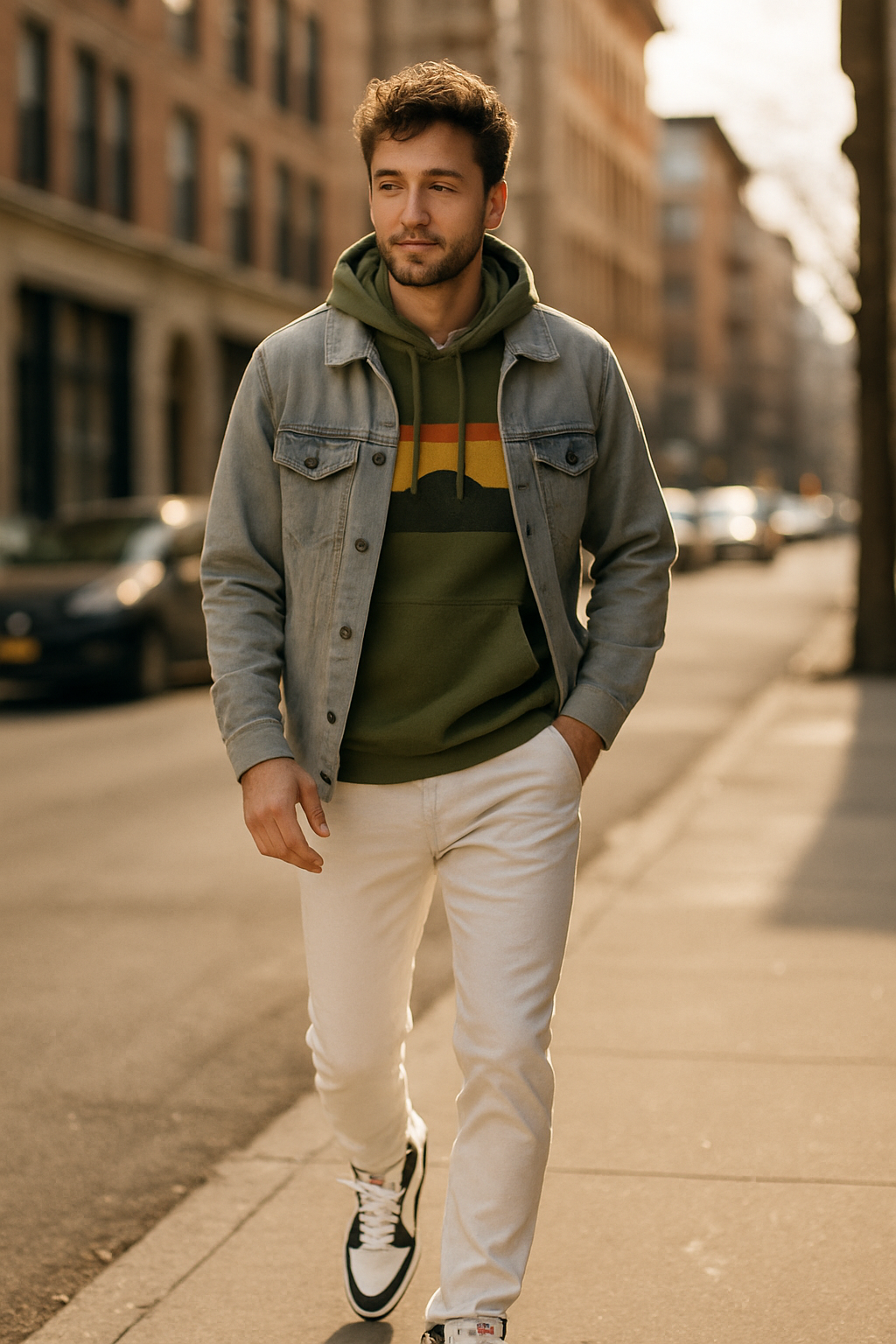 A man walking on the street wearing white jeans, a green hoodie, and a denim jacket.
