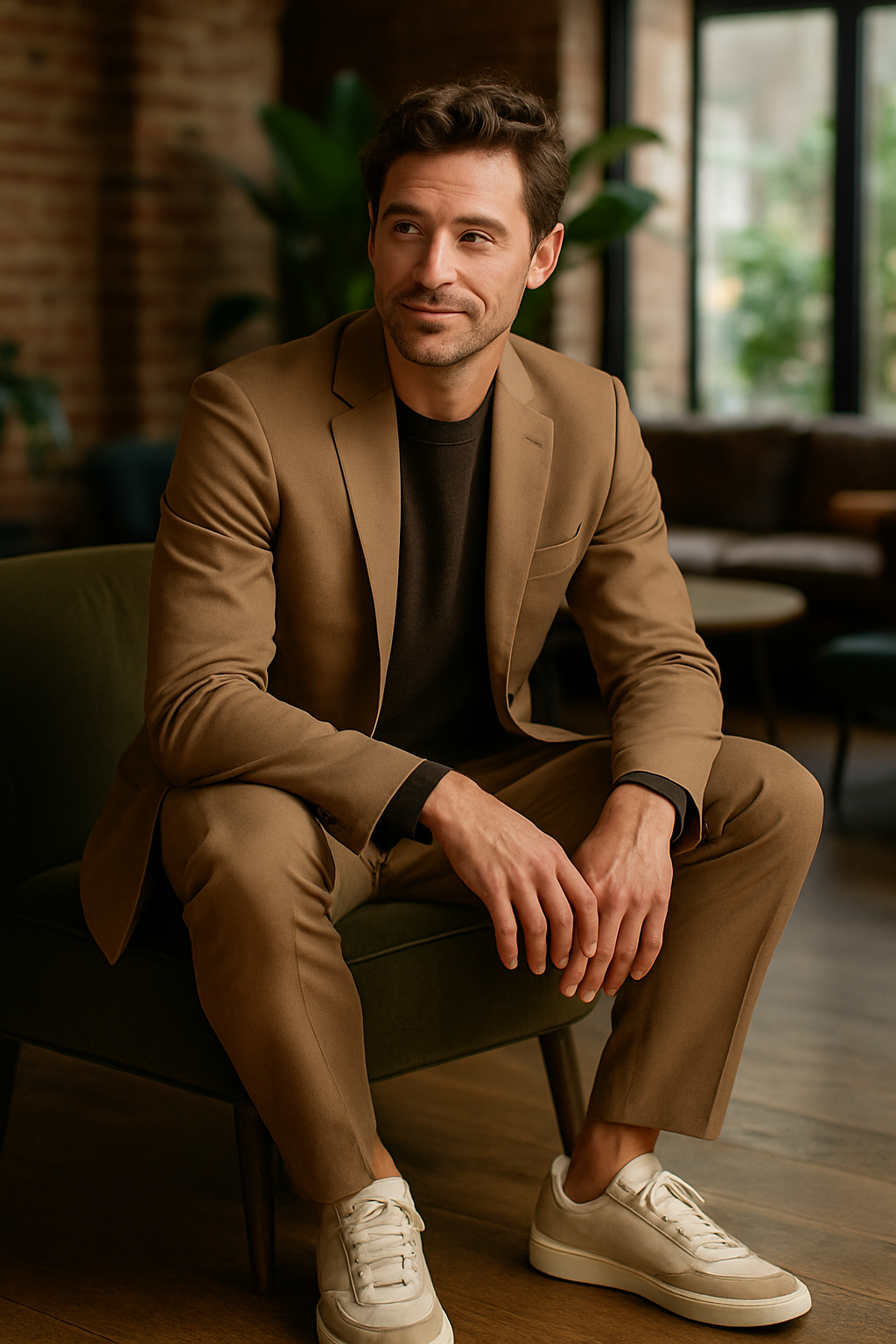 A man in a sporty tan suit sitting on a green chair, wearing a black top and casual sneakers.