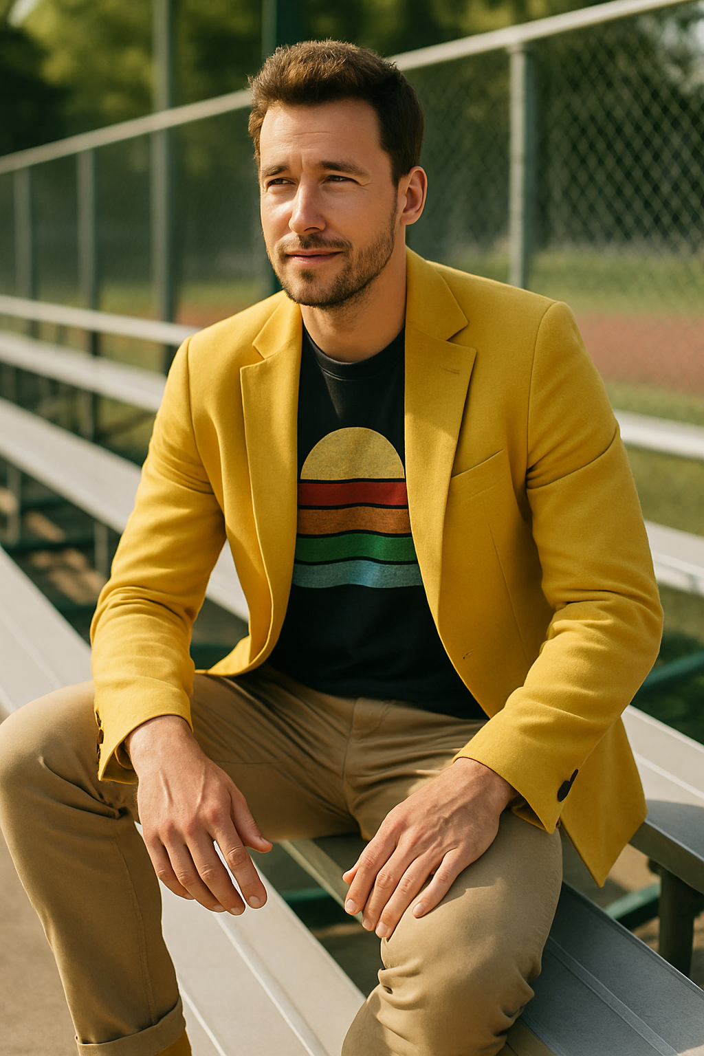 A man wearing a yellow blazer over a black t-shirt with a retro design, sitting on bleachers.