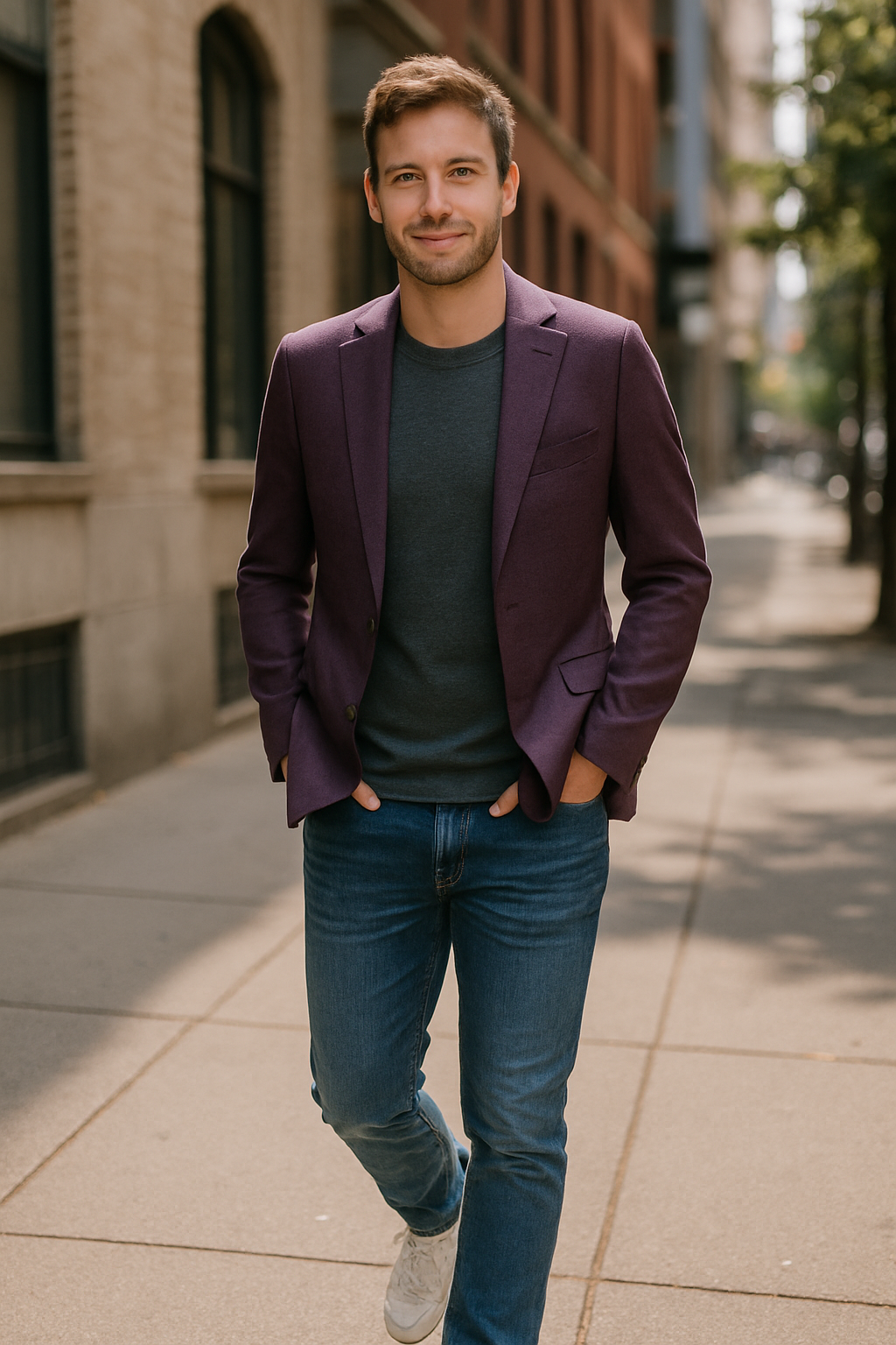 A man wearing a purple blazer over a gray tee, paired with blue jeans and sneakers, walking confidently in an urban setting.