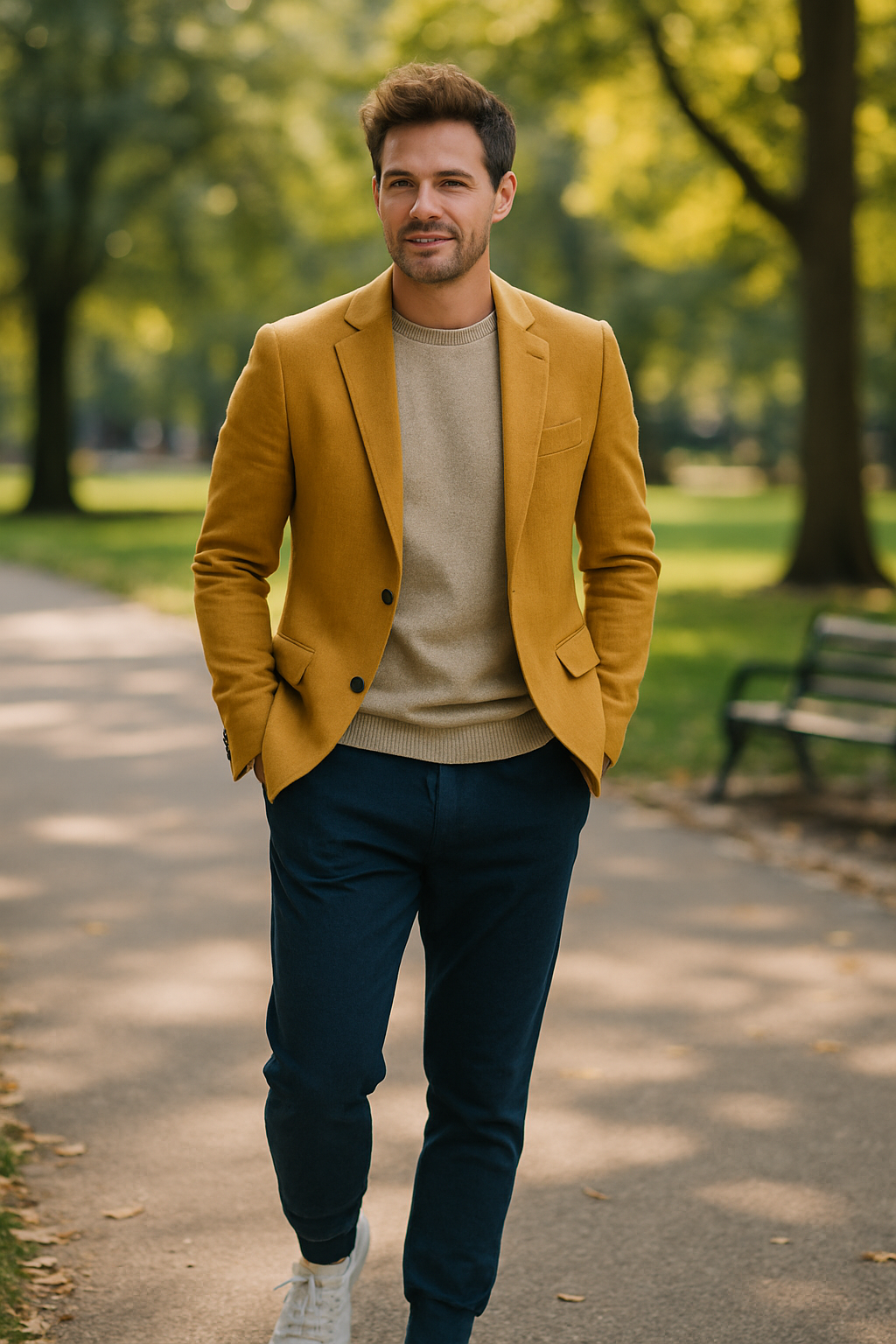 A man wearing a yellow blazer, beige sweater, and navy pants, walking in a park.