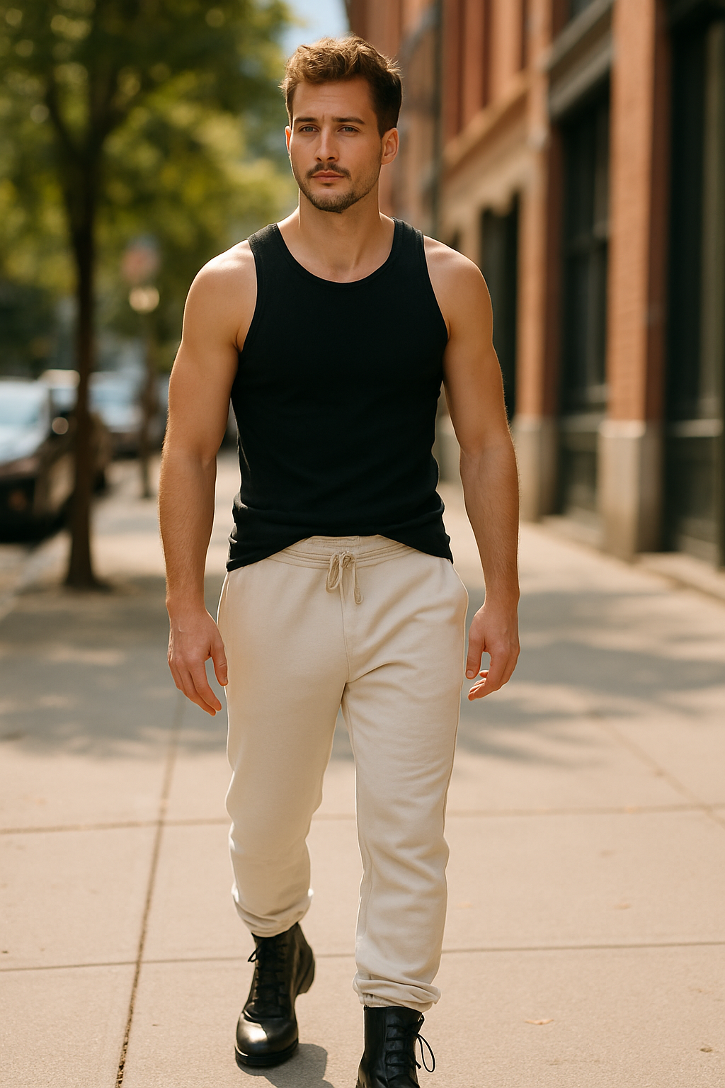 A man walking on a city street wearing a black tank top, beige joggers, and biker boots.