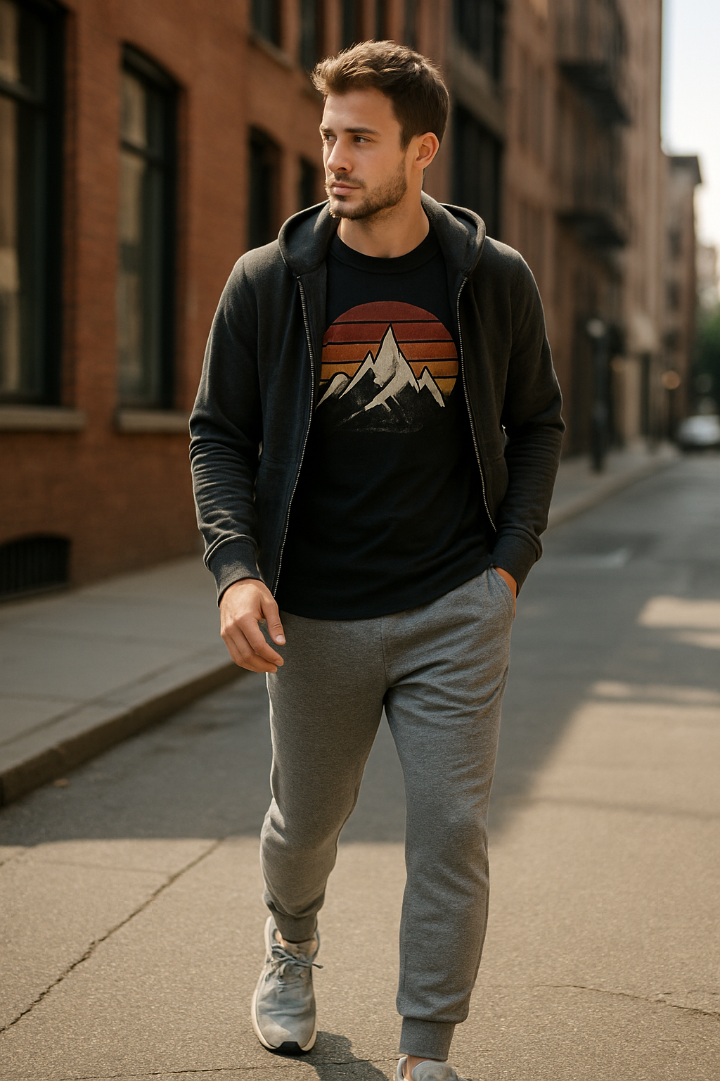 A man walking in grey joggers, a graphic tee, and a hoodie on a city street.