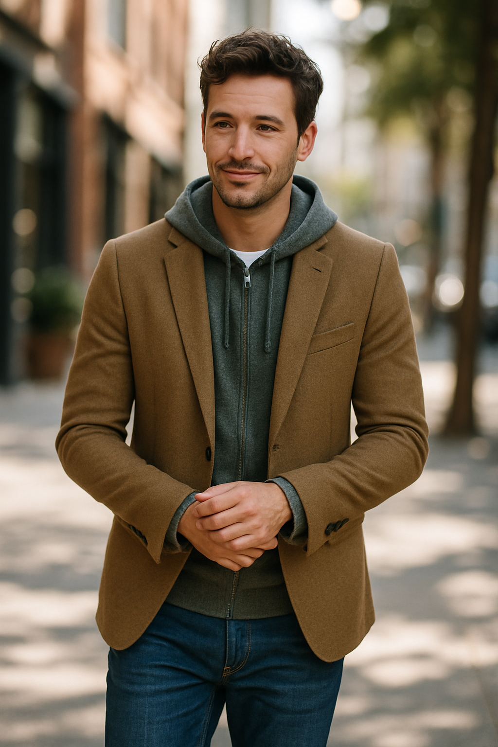A man wearing a hoodie and jogger jeans, layered with a blazer, standing outdoors.