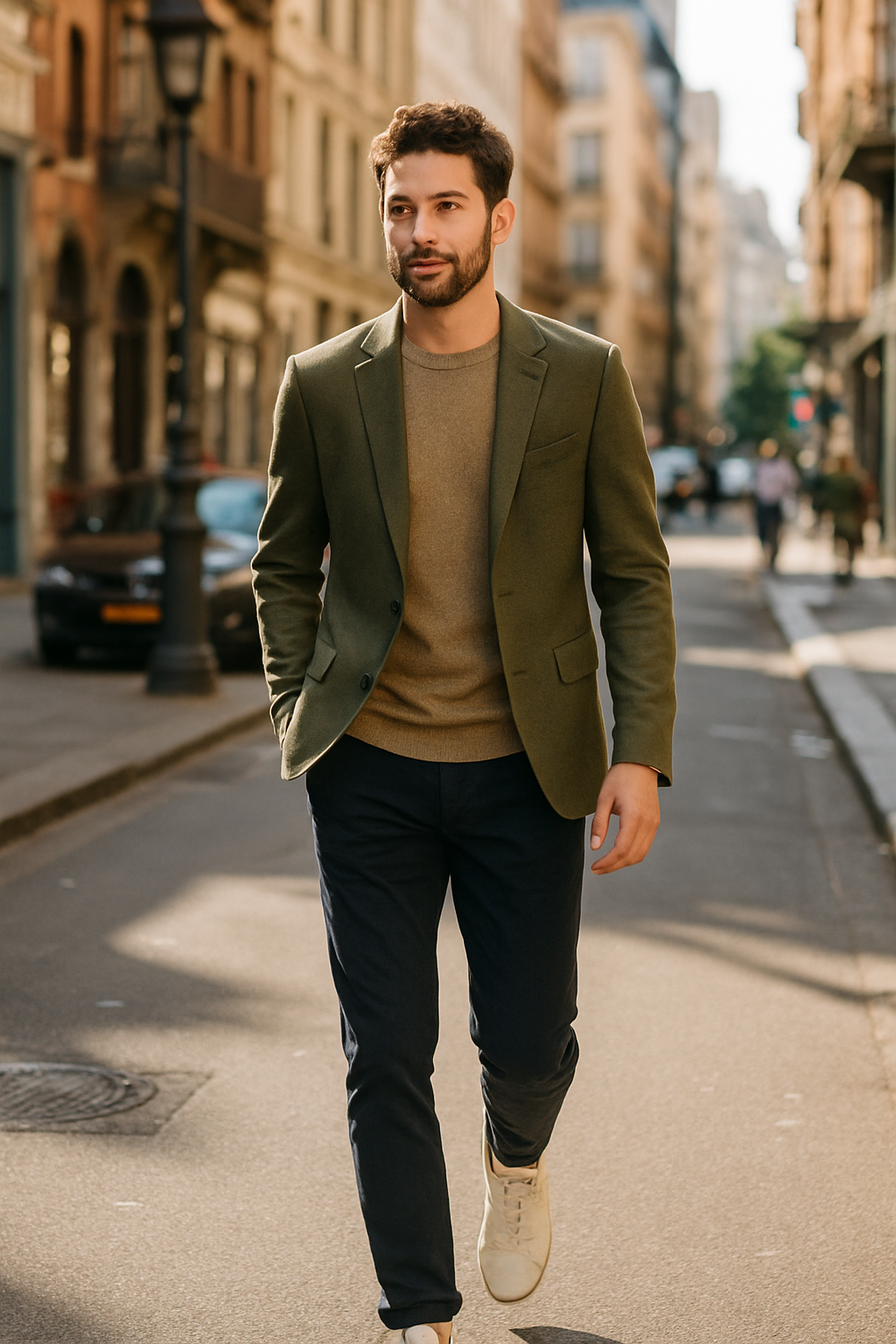 Man walking in an olive blazer, sweater, and sneakers on a city street.