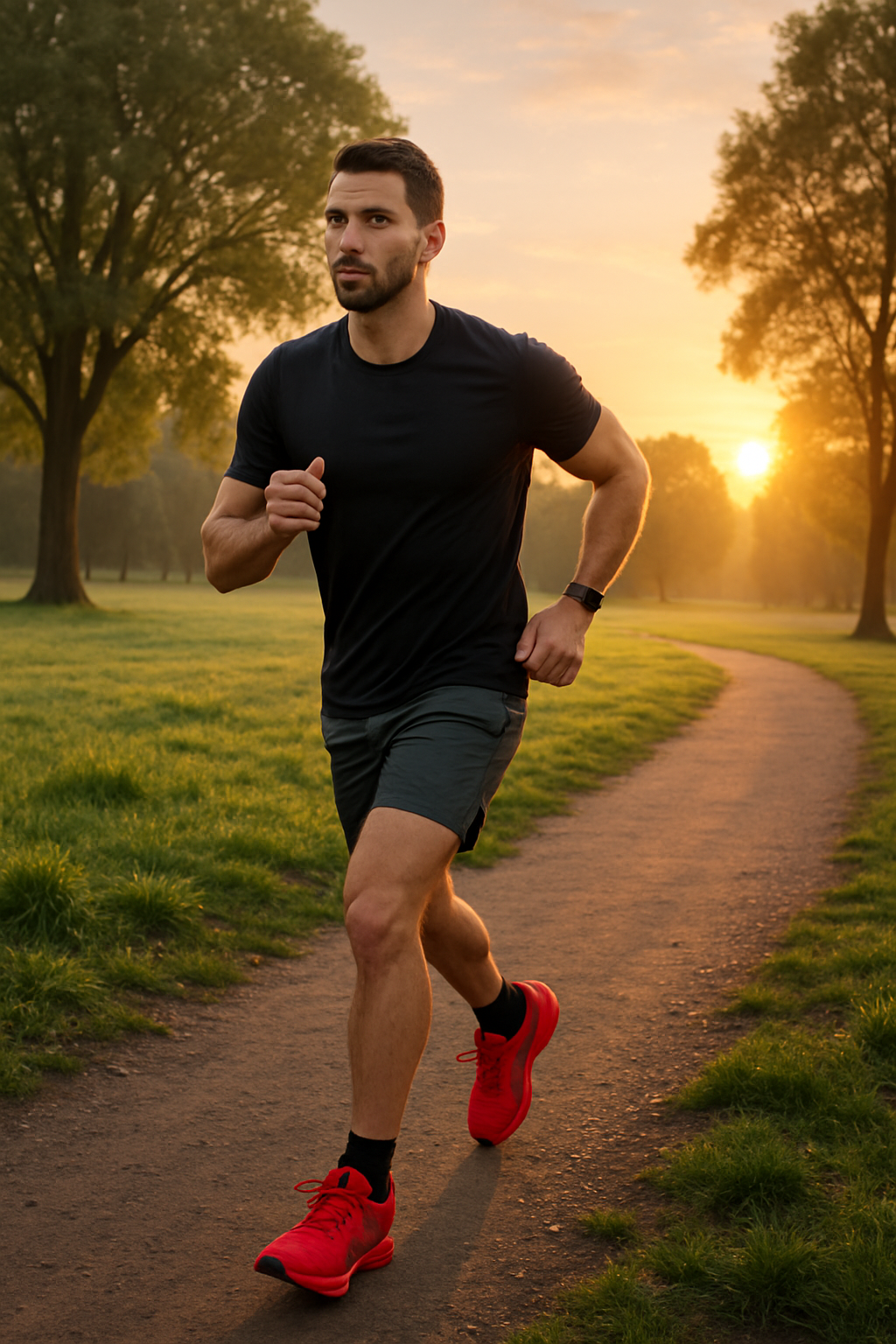 A man walking confidently in a stylish outfit, showcasing a sporty vibe.