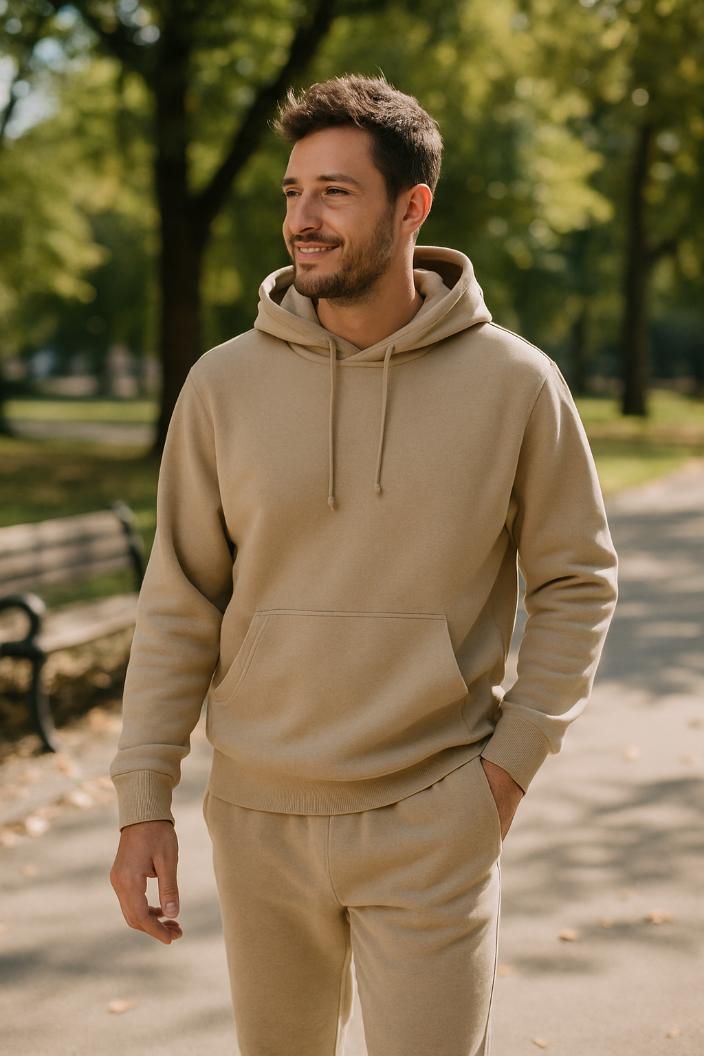 A man wearing beige sweatpants and a matching hoodie, smiling while walking in a park.