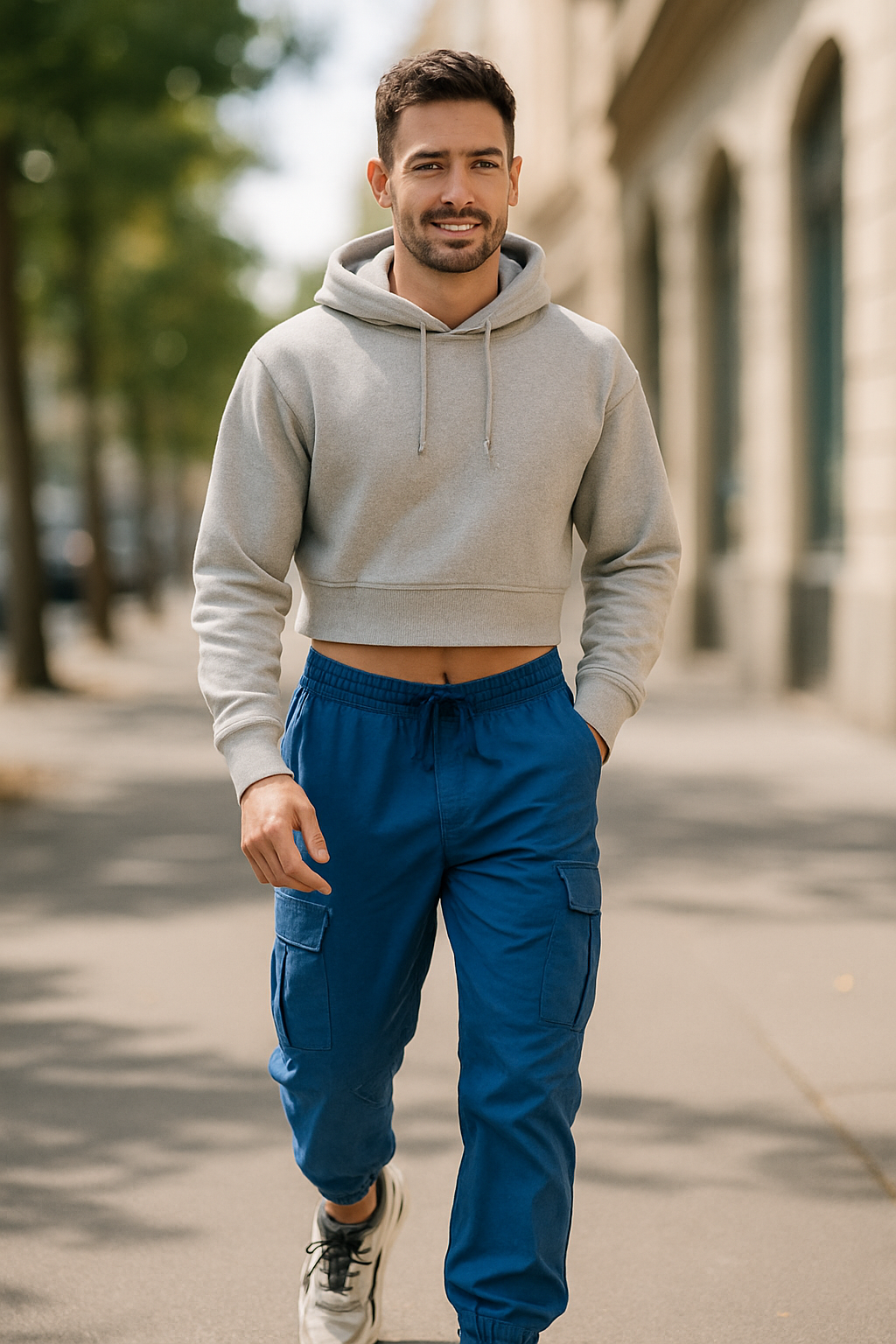 A man wearing a gray cropped hoodie and blue cargo joggers, walking on a city street.