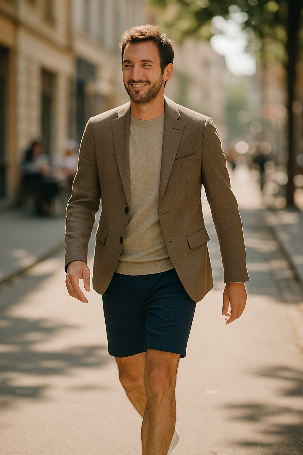 A man walking confidently in a blazer and shorts, showcasing a sporty yet polished look.