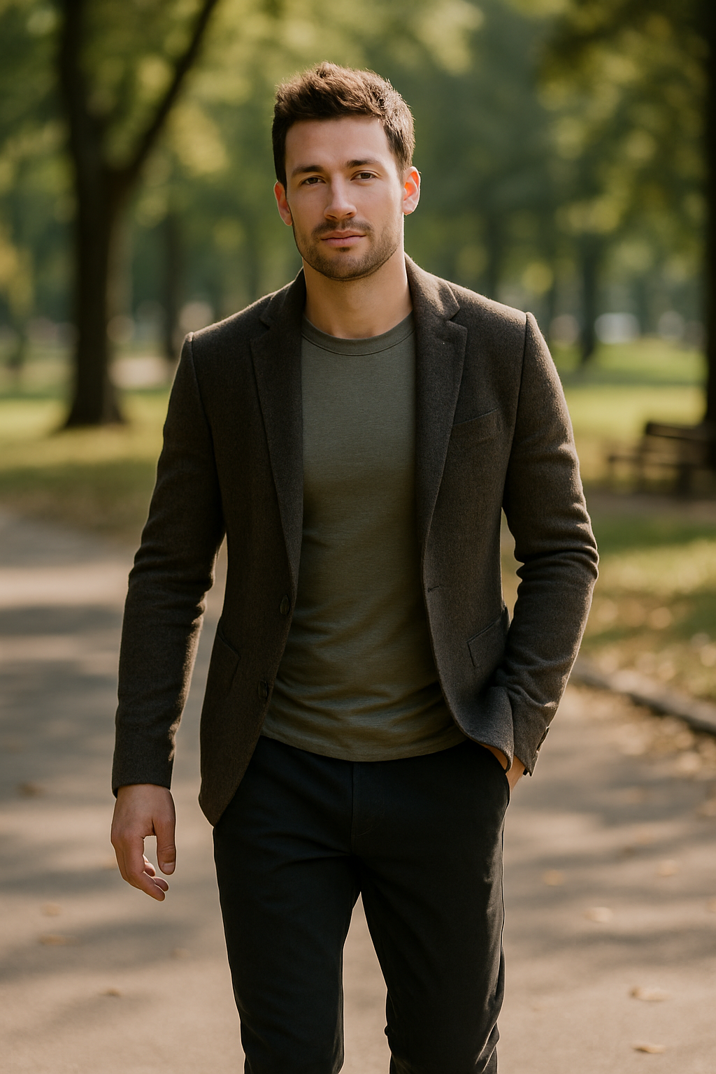 A man wearing a fitted t-shirt and joggers, walking in a park.