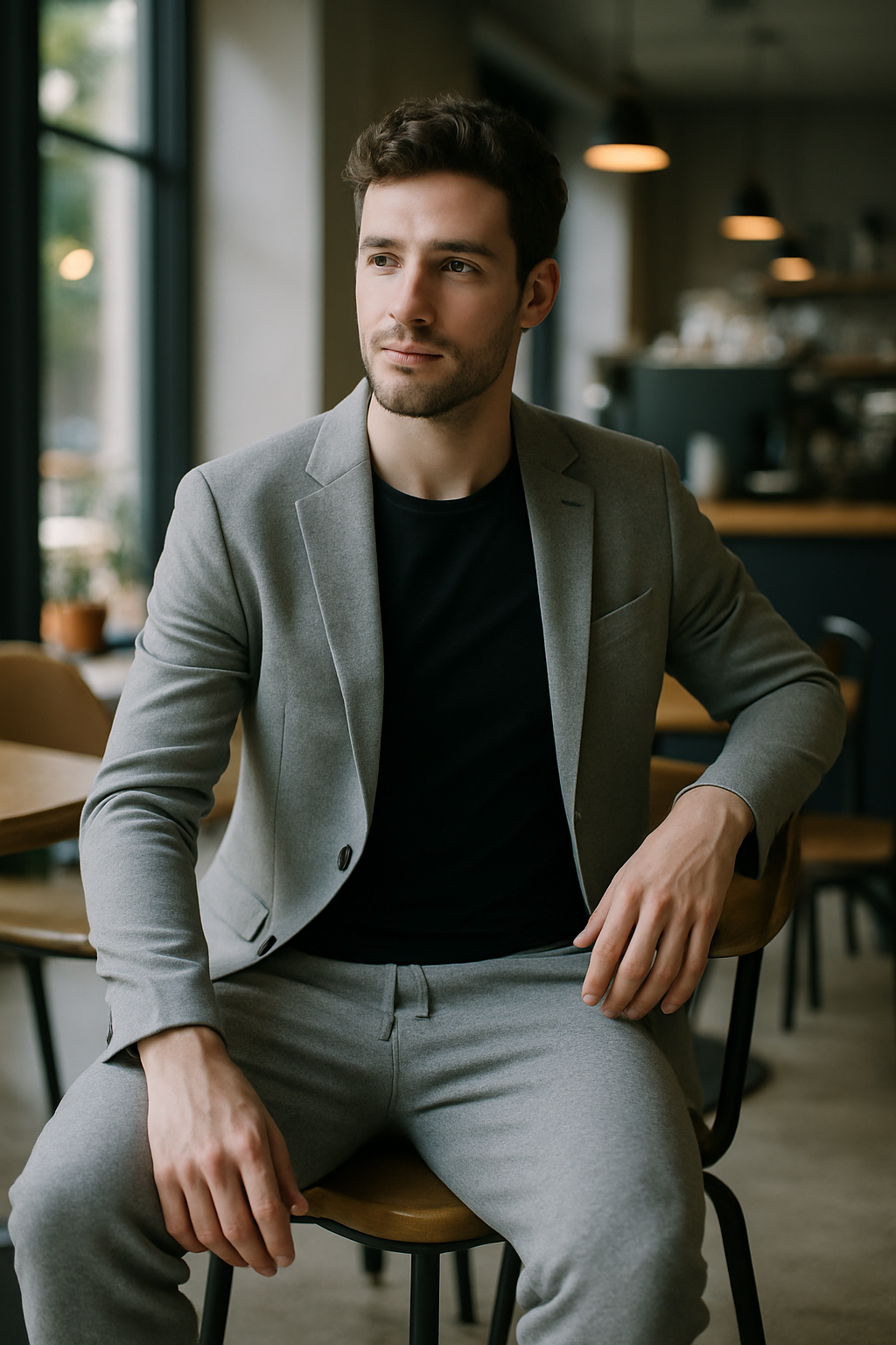 A man wearing a light gray blazer over a black t-shirt and gray joggers, seated in a modern cafe.