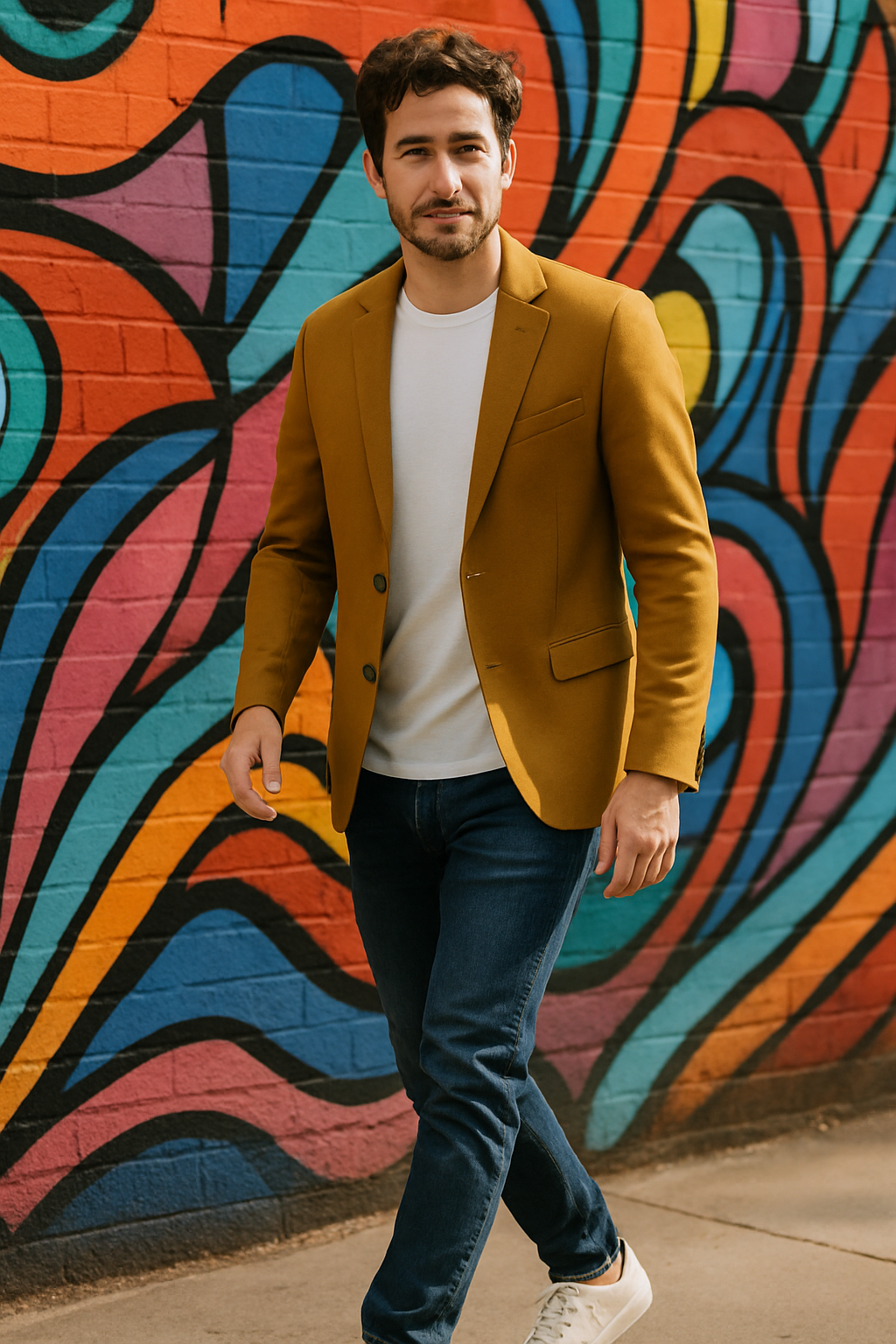 A man wearing a mustard blazer, white t-shirt, and sneakers walking against a colorful mural.