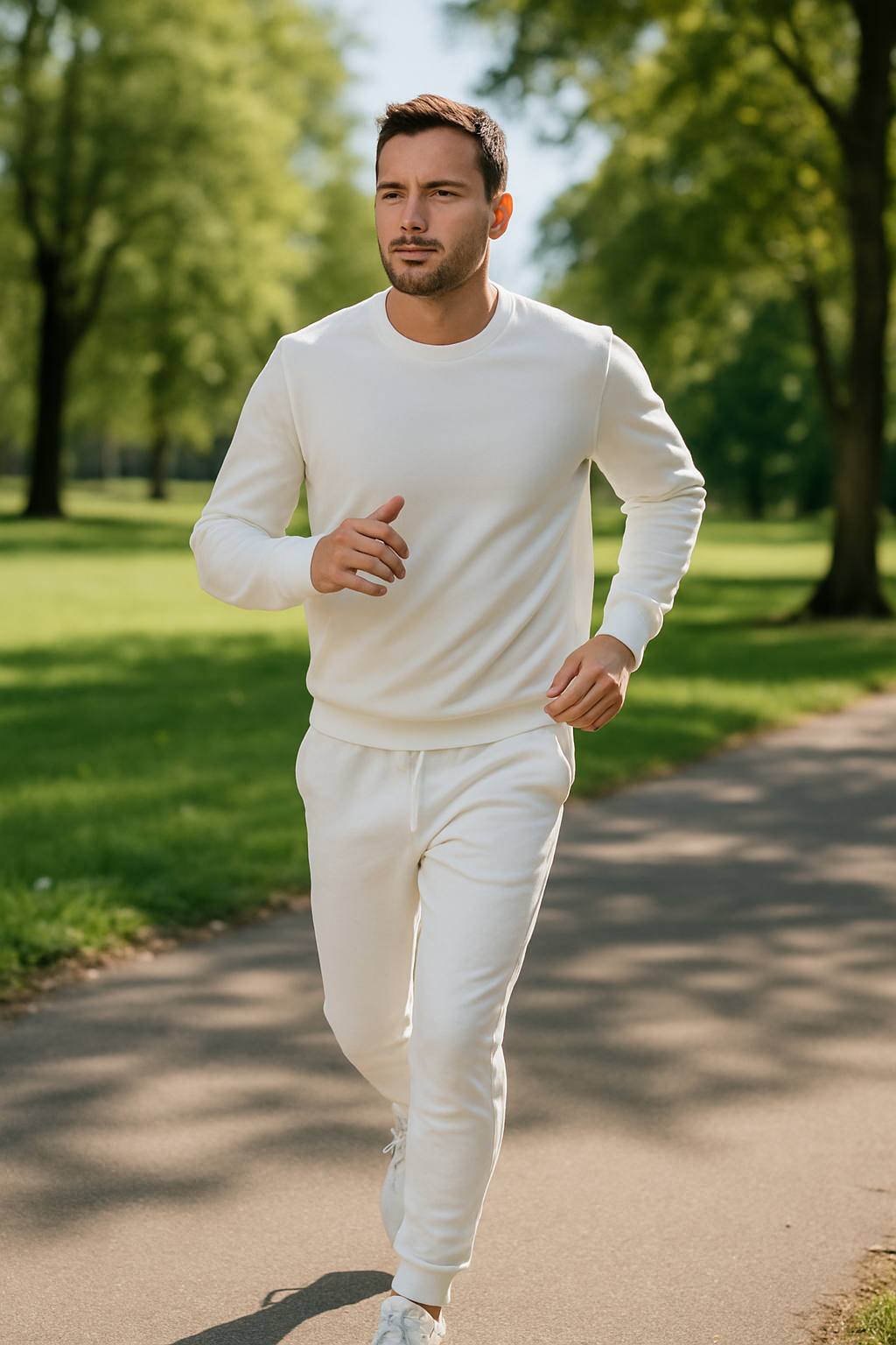 A man jogging in a white athleisure outfit in a park.