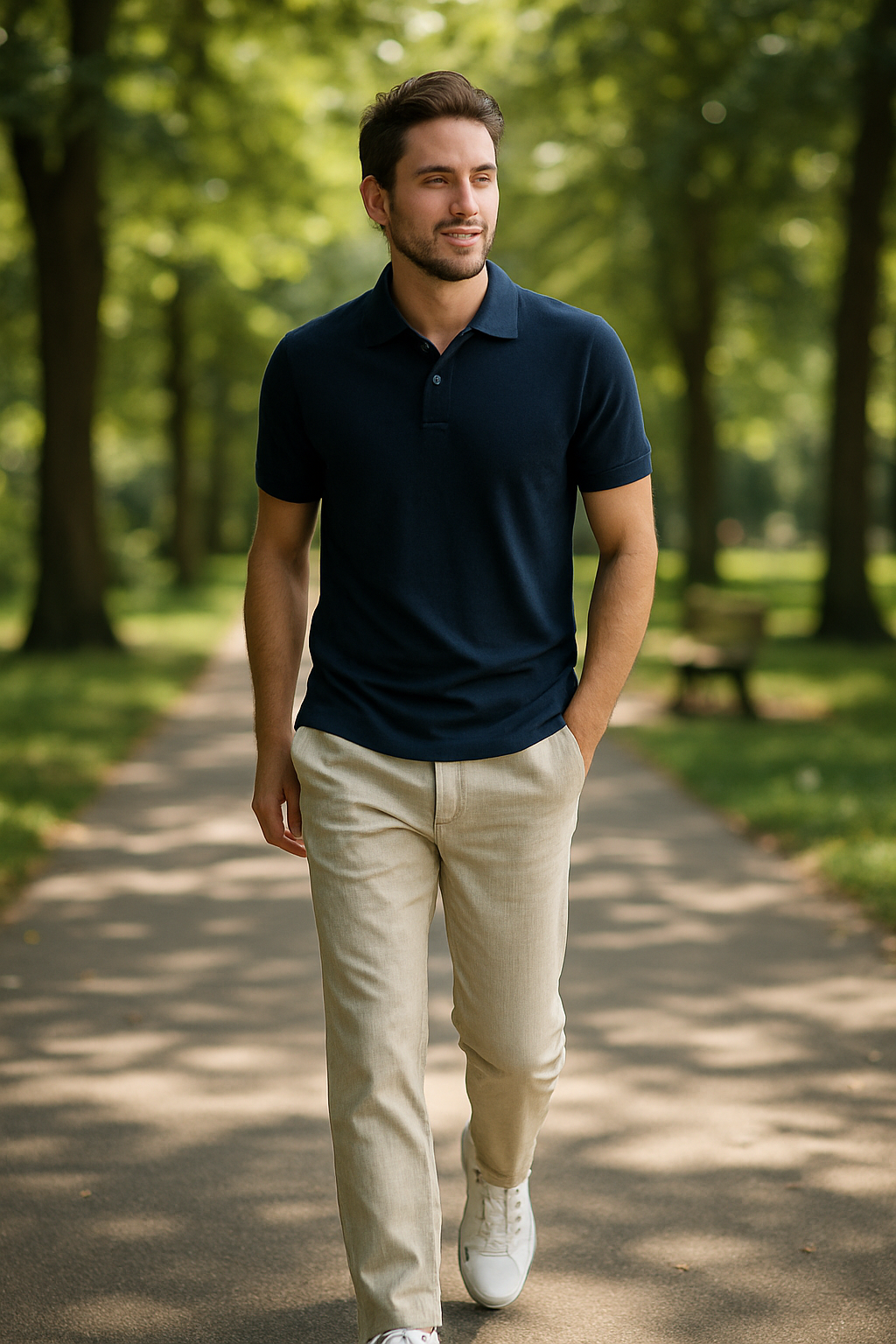 A man walking outdoors wearing a navy polo and linen pants.