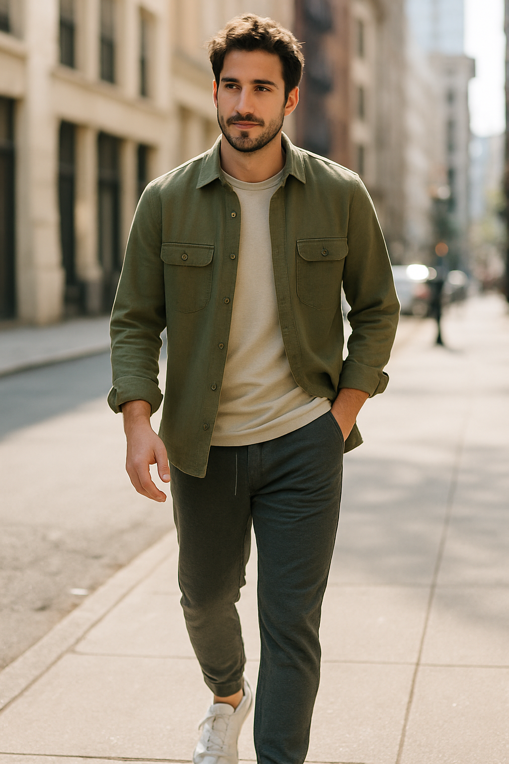 A man walking in a city wearing a green button-up shirt, beige t-shirt, and gray joggers.