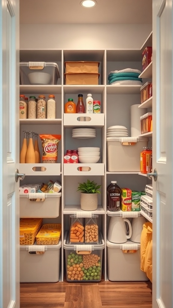 Organized pantry with stackable bins, showcasing various food items and a clean layout.