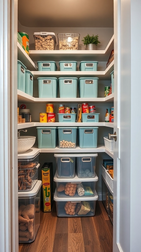 Organized pantry with stackable bins on shelves, showcasing a neat storage solution.