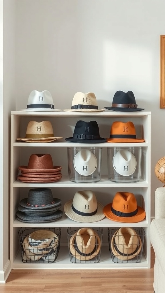 A neatly organized shelf displaying various hats in stackable containers.